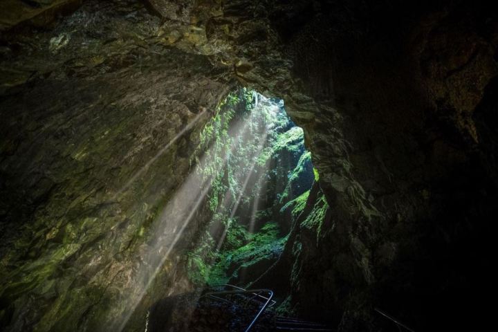a large waterfall in a forest