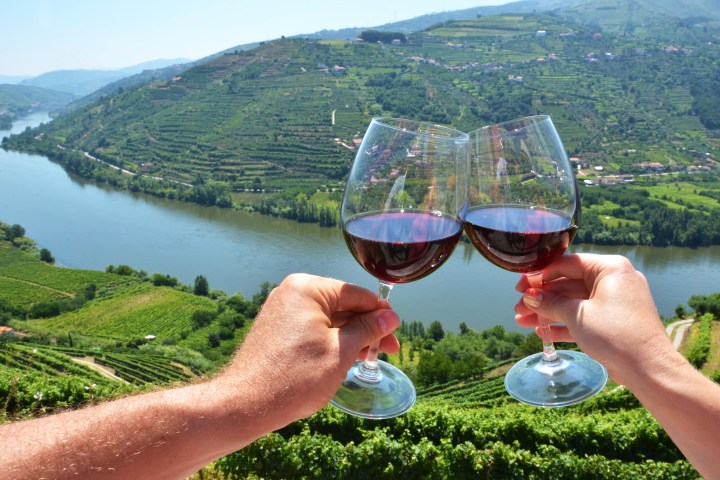 a person holding a wine glass next to a body of water