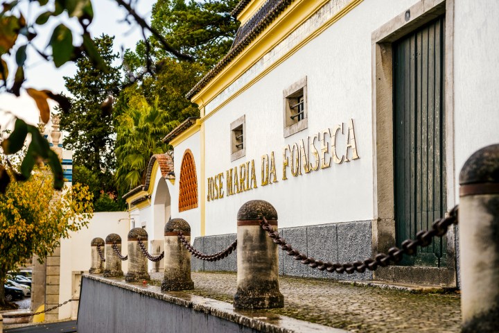 Building facade with 'Jose Maria da Fonseca' text, surrounded by trees and decorative columns.