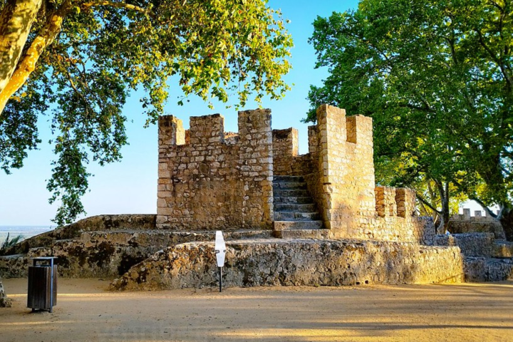 Ancient stone fortress remains under trees with a staircase and battlements in daylight.