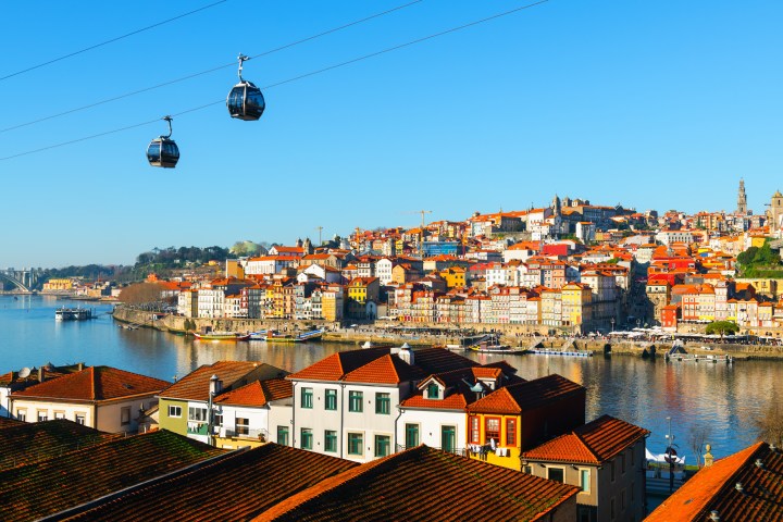 Scenic view of colorful city buildings by a river with cable cars in a clear blue sky.