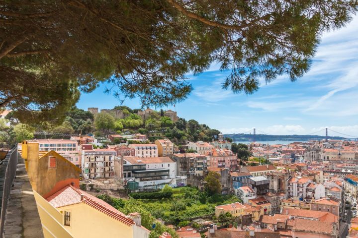 Cityscape view of Lisbon with colorful buildings, trees, and distant bridge under blue sky.