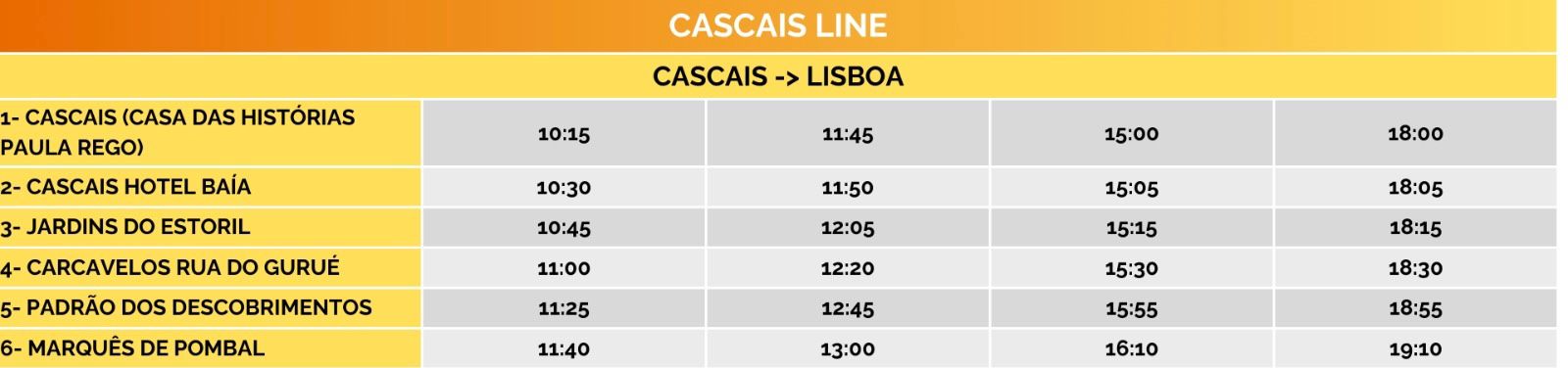 Bus timetable from Cascais to Lisboa with stops and times listed. Bus timetable from Cascais to Lisboa with stops and times listed.