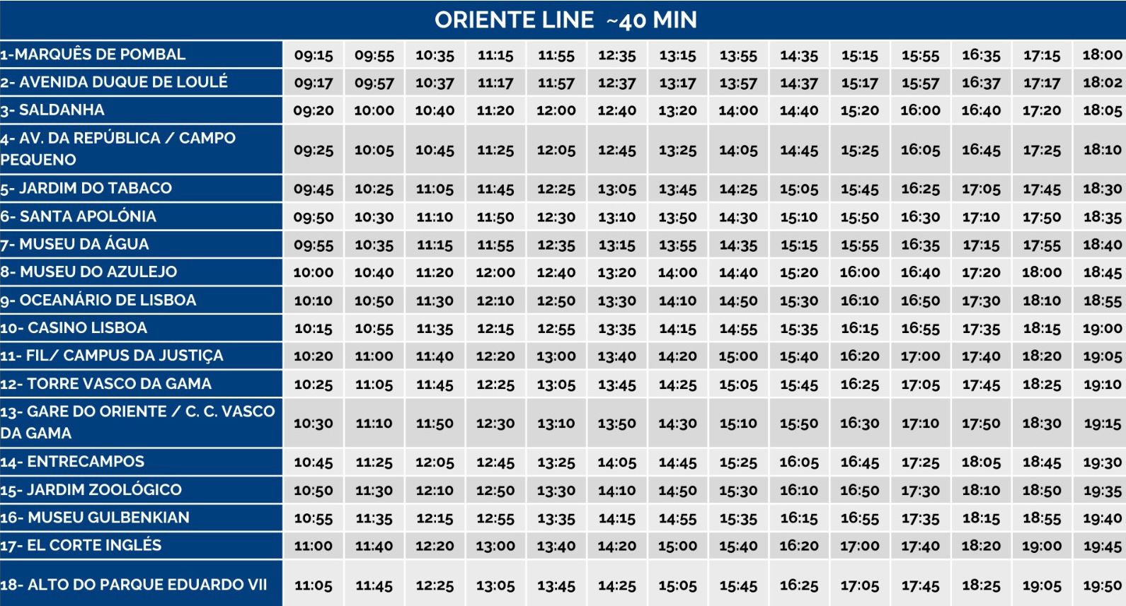 Bus schedule for Oriente Line with stops and departure times displayed in a grid format. Bus schedule for Oriente Line with stops and departure times displayed in a grid format.