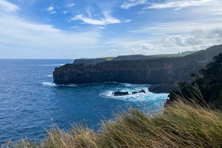 Coastal cliffs with blue ocean waves and greenery under a partially cloudy sky.