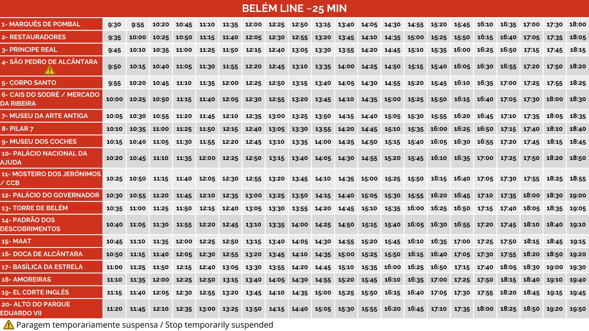 Belém (1) Bus timetable for Belém Line with hours listed for 19 stops, noting stop 4 is temporarily suspended.