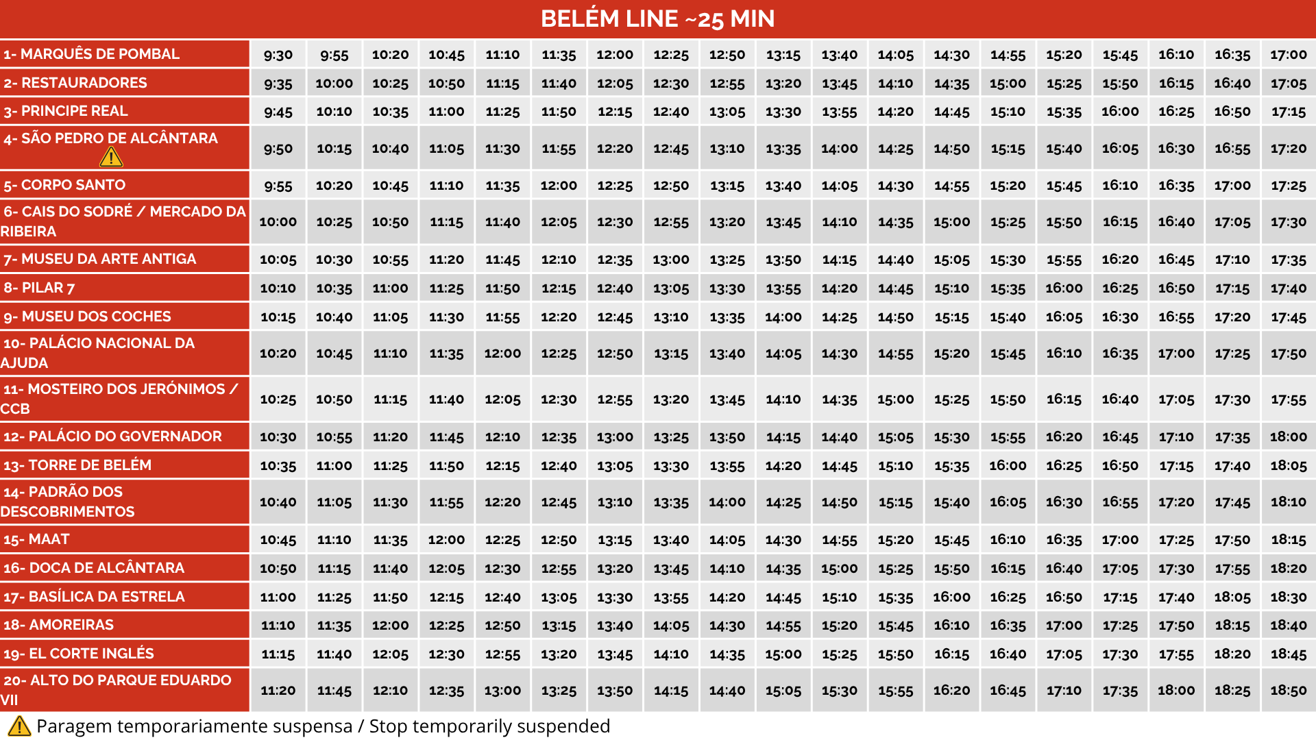 Bus timetable for Belém Line with stops and times, marked stop temporarily suspended.