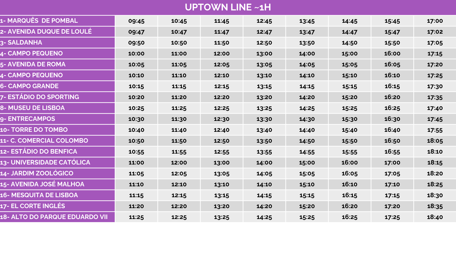 Bus schedule table titled 'Uptown Line ~1H' with 18 stops and hourly times.