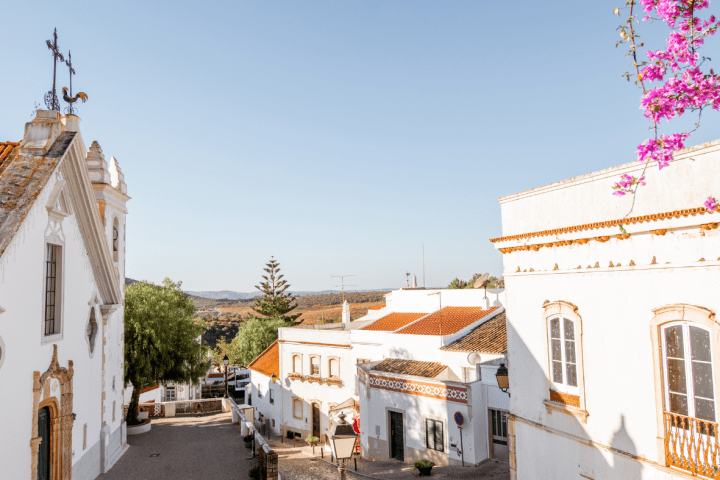 Sunny street in a quaint village with white buildings and pink flowers.