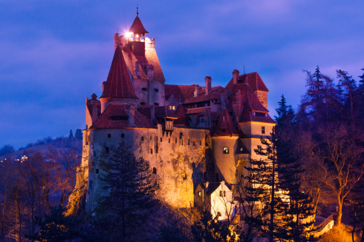 Illuminated castle at dusk with a blue sky and surrounding trees.