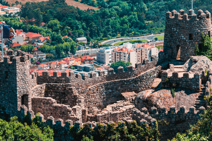 Stone castle with towers and crenellations overlooking a town and lush greenery.