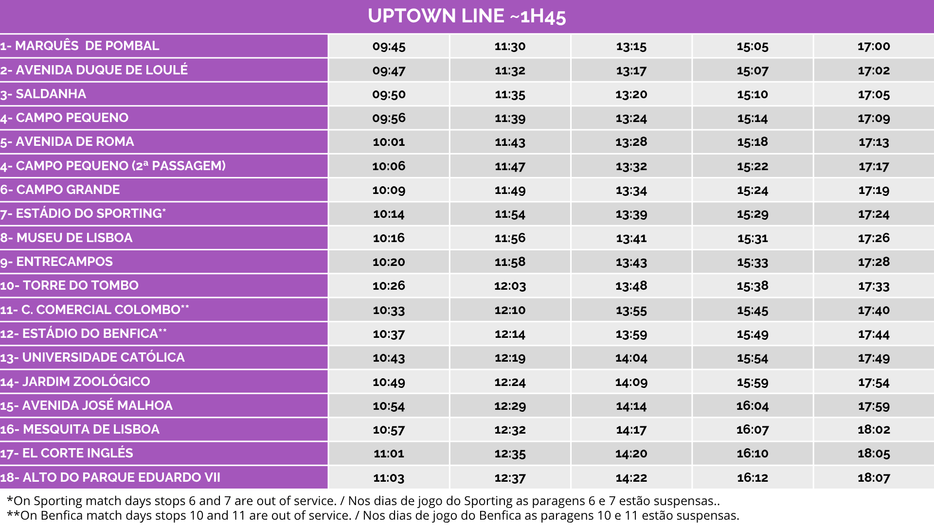 Bus schedule table titled 'Uptown Line ~1H45' with stops, times, and notes on match day service suspensions.