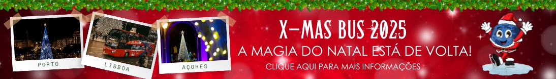 Festive banner with X-Mas Bus 2025, photos of Porto, Lisboa, Açores, and cartoon figure in Santa attire.