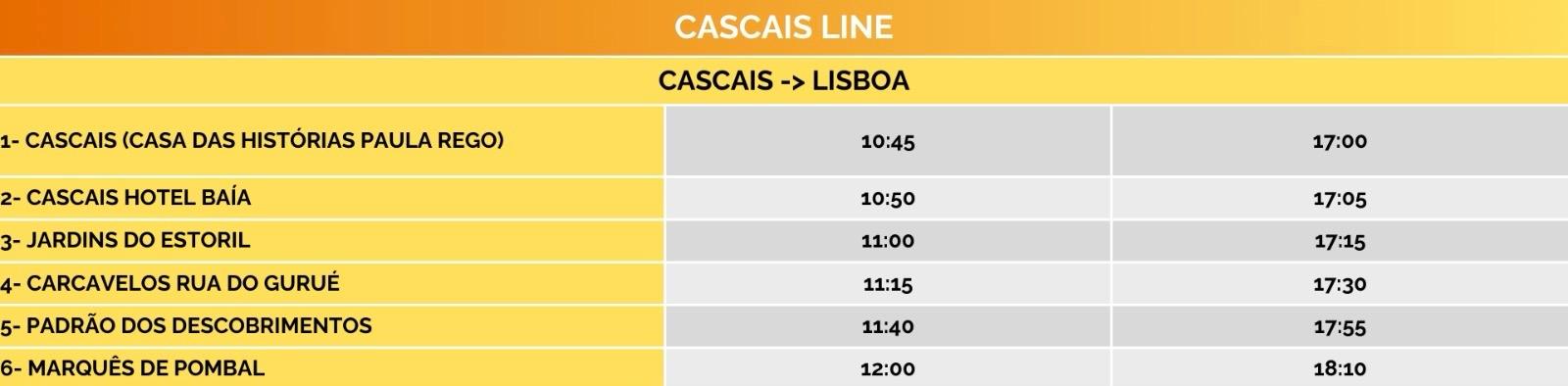 Bus schedule from Cascais to Lisbon showing stops and times.