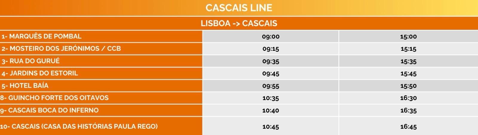 Bus schedule from Lisbon to Cascais with times ranging from 09:00 to 16:45.