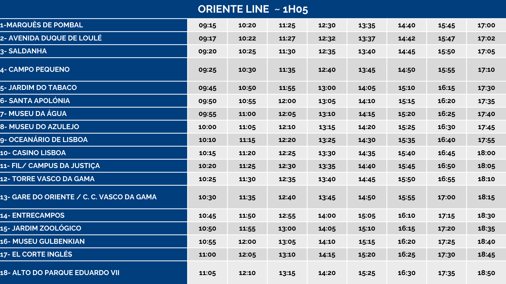 Train schedule for Oriente Line with stops and times listed in a table format.