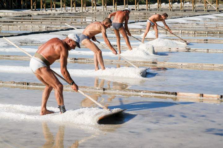 Four men harvesting salt using wooden tools in shallow salt pans.