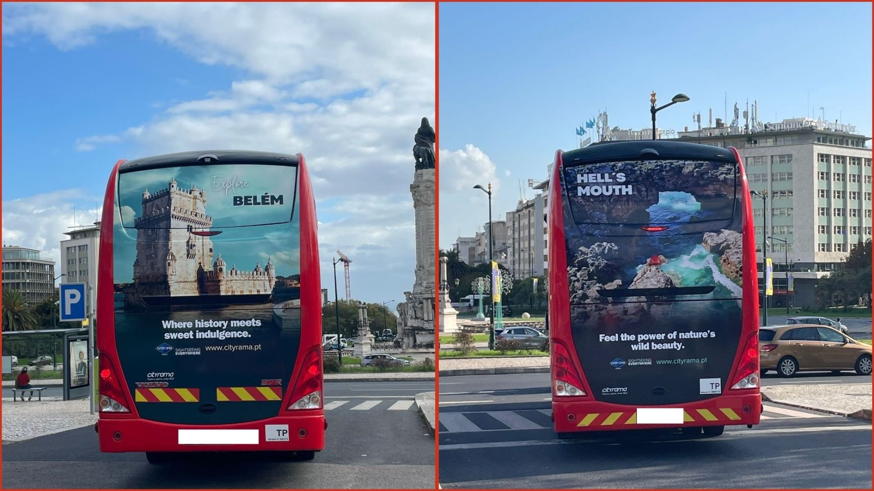 Two red buses with tourism ads parked on a street in a city.