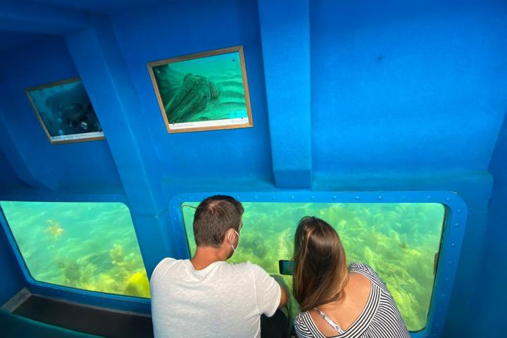 Two people in a blue submarine looking out underwater windows at marine life.
