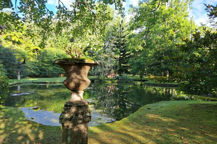 Stone urn by a pond with surrounding green trees and a clear sky.