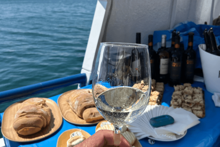 Hand holding wine glass, food spread on a boat with sea view.