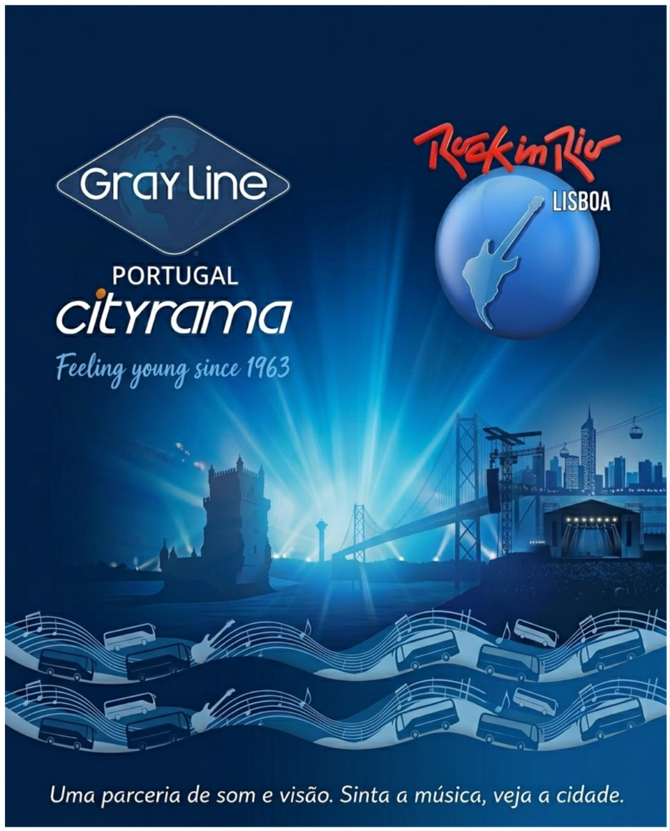 Promotional poster for Gray Line Portugal and Rock in Rio Lisboa with cityscape and musical notes.