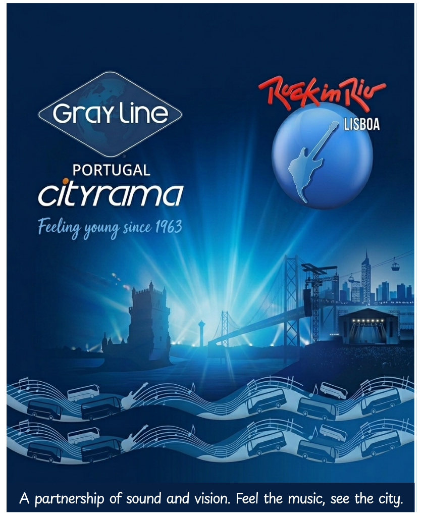 City tour ad with musical notes, guitar, and city skyline.
