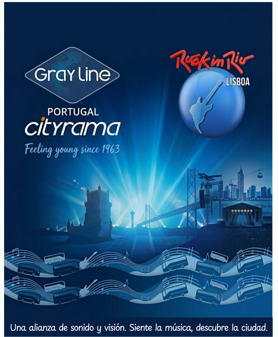 Concert poster with city skyline, music notes, and logos for Gray Line and Rock in Rio Lisboa.