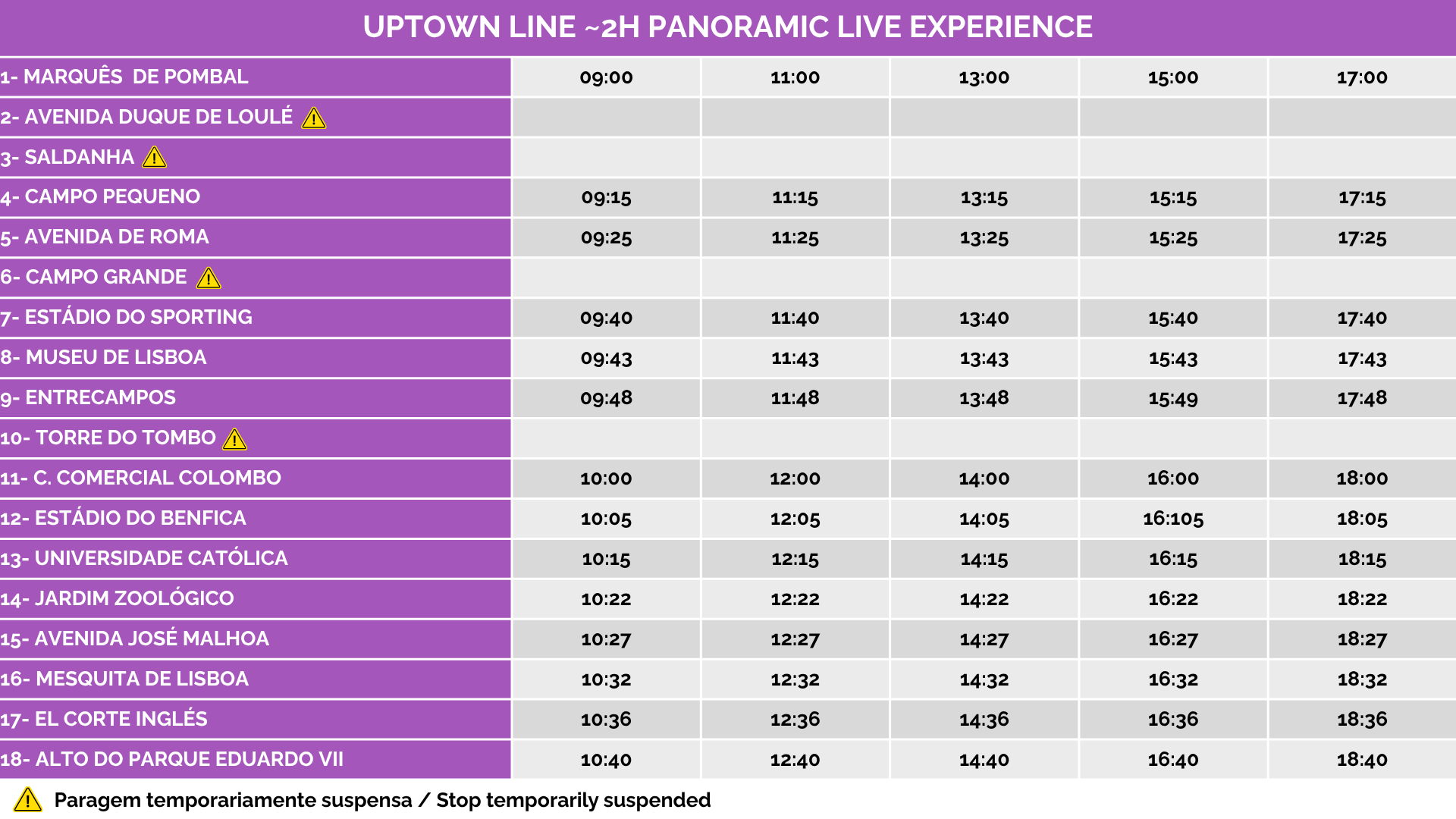 Table of bus line stops and schedule with some suspended stops marked.