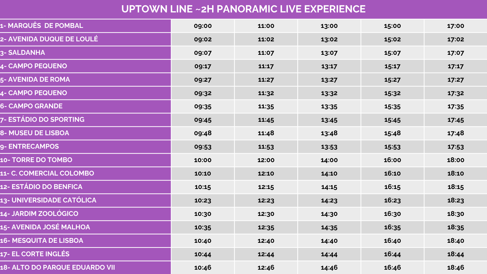 Timetable for Uptown Line 2H Panoramic Live Experience with multiple stops and times.